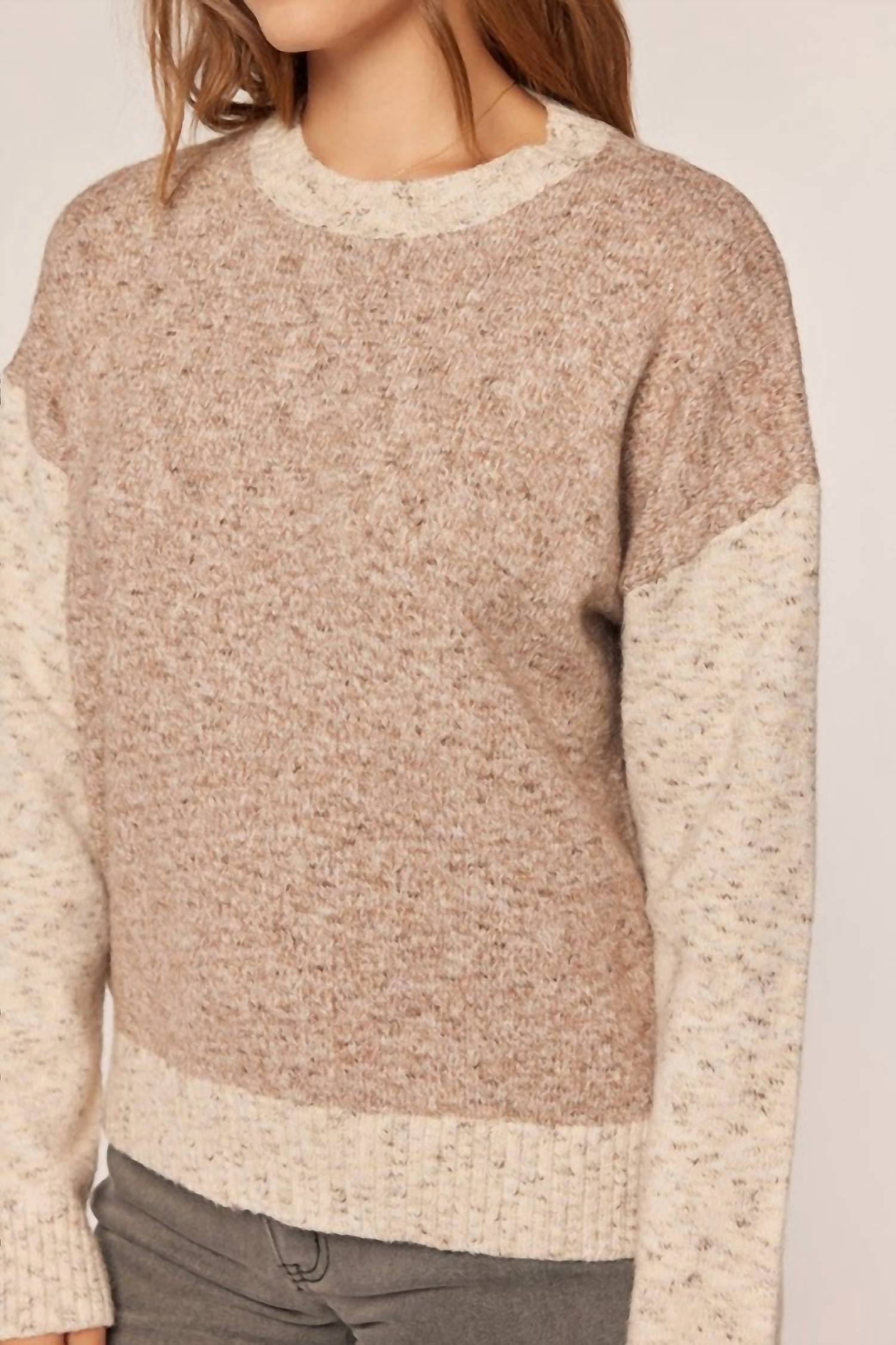 Tea N Rose Soft Touch Color Mix Sweater in taupe ivory - women's sweater - view 5