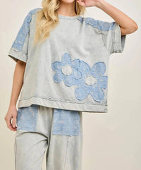 J.Her - Mineral Washed Flower Patched Blouse Top