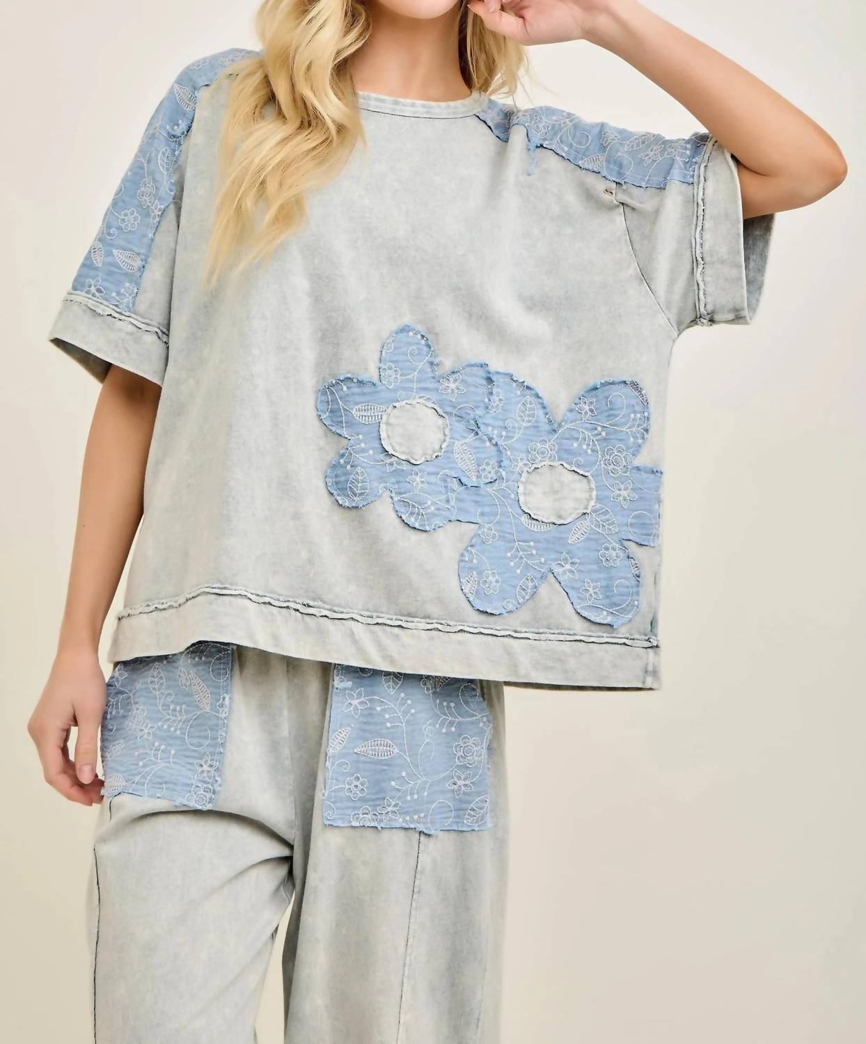 J.Her - Mineral Washed Flower Patched Blouse Top
