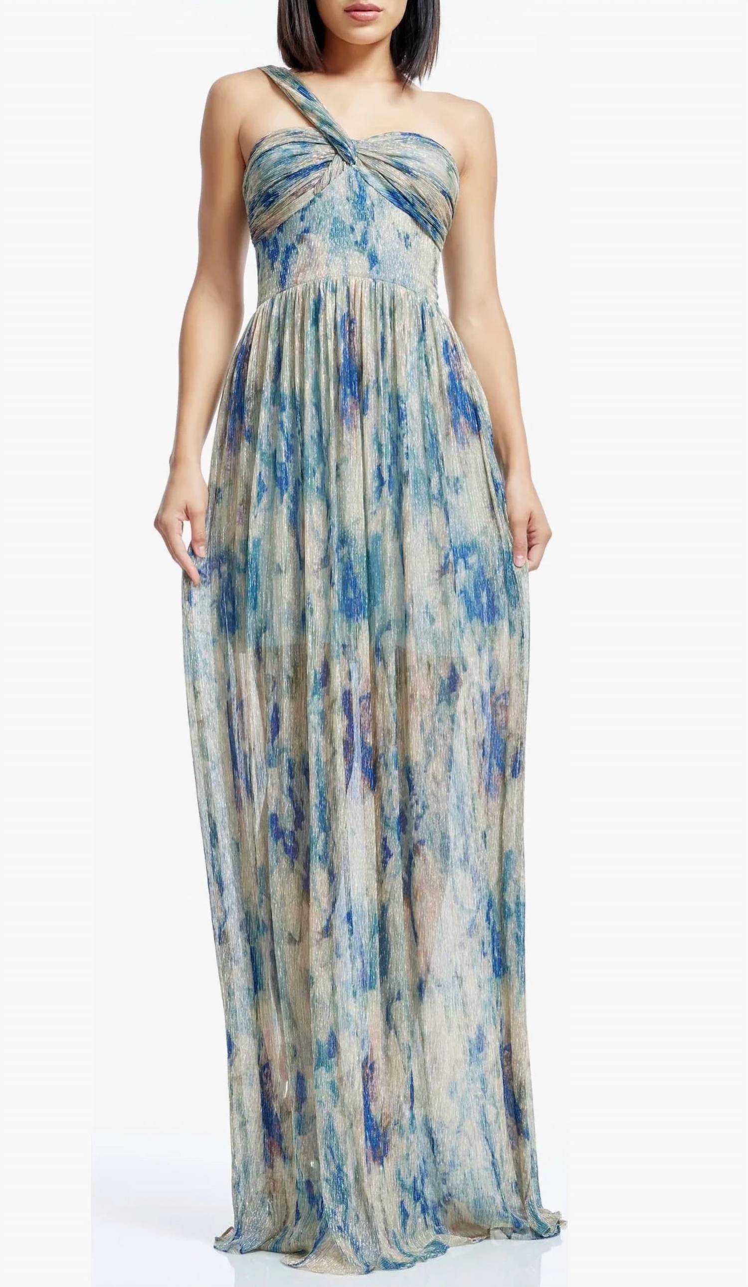 Dress The Population - Idalia Metallic Abstract Floral Print One-shoulder Gown