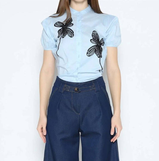 Gracia - Flower Embroidered Button-down Round Neck Shirt
