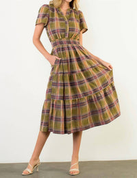 THML Nadyia Plaid Dress in olive - women's dress