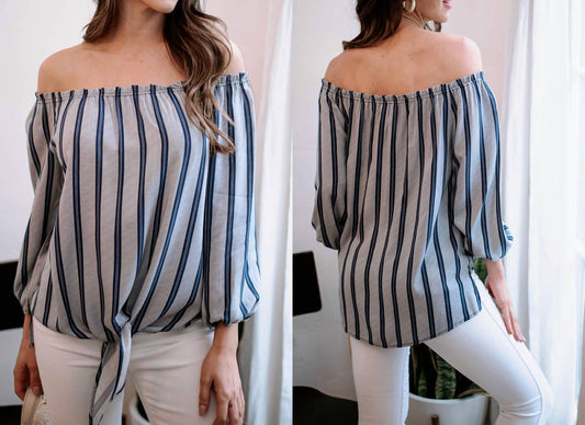 Veronica M - Stripe 3/4 Sleeve Off Shoulder Top