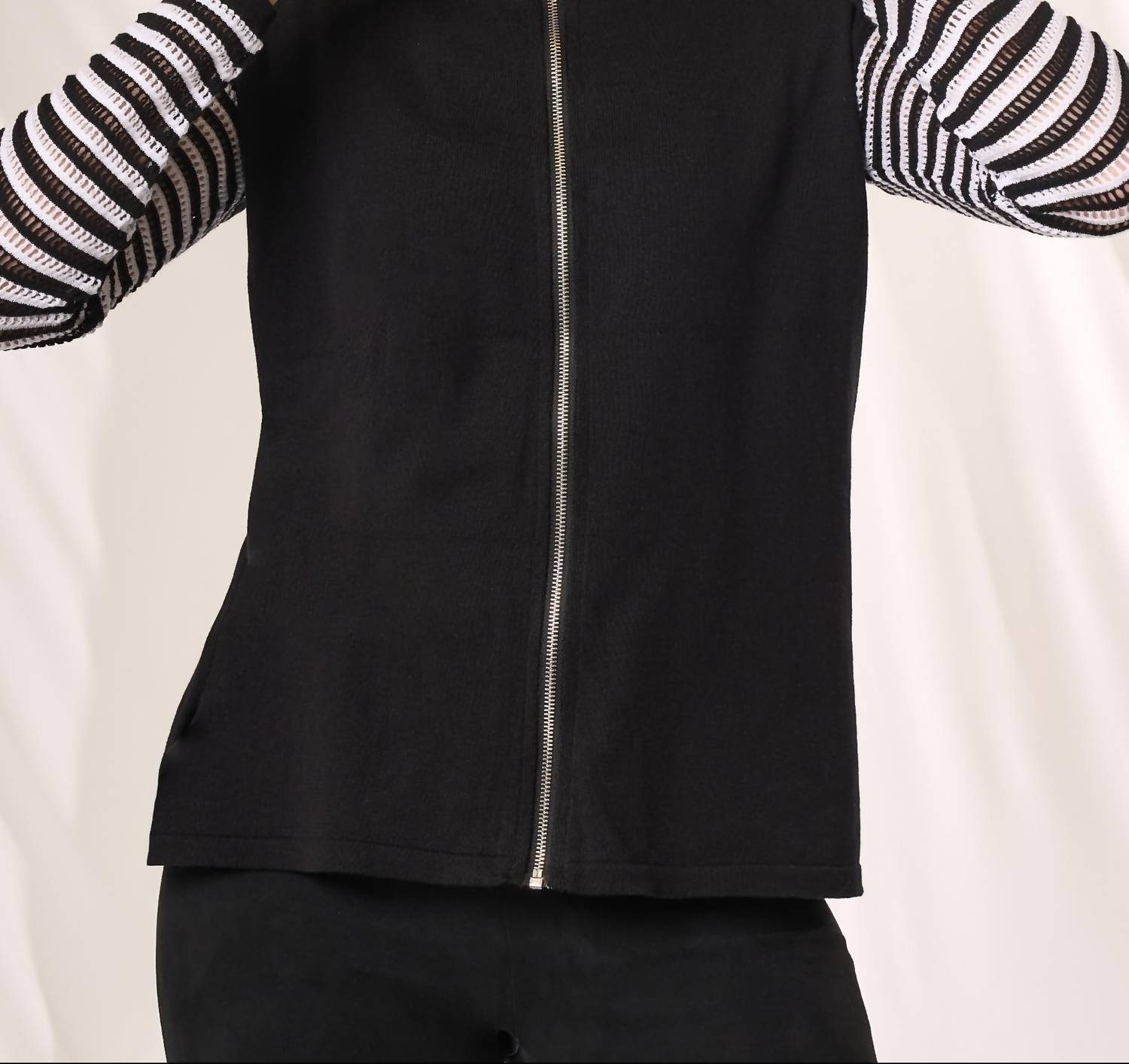Angel Apparel Stripe Zip Up Knit Top in black white - women's top