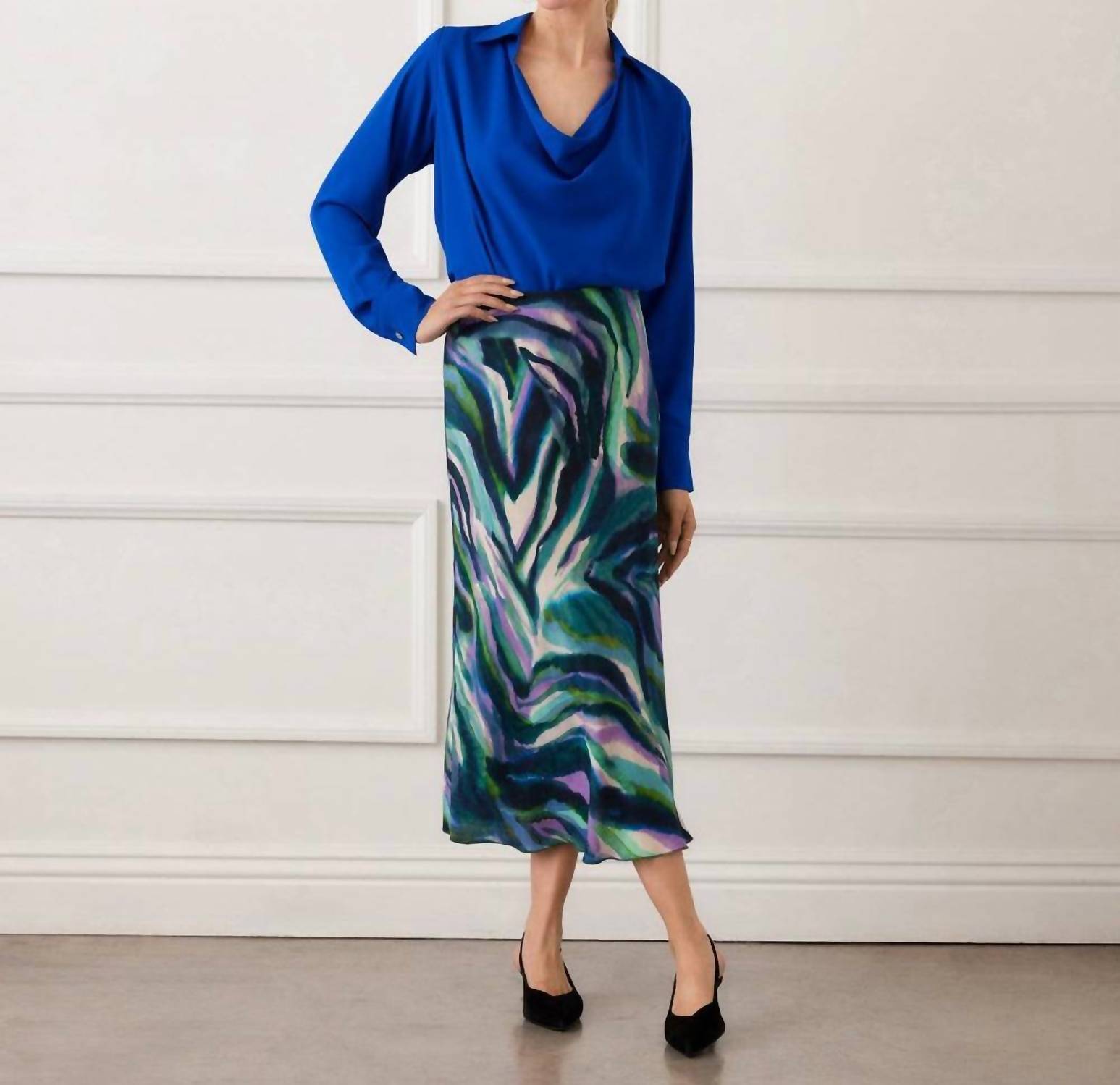 Karen Kane Long Sleeve Collared Cowl Neck Top in sapphire blue - women's blouse - view 4