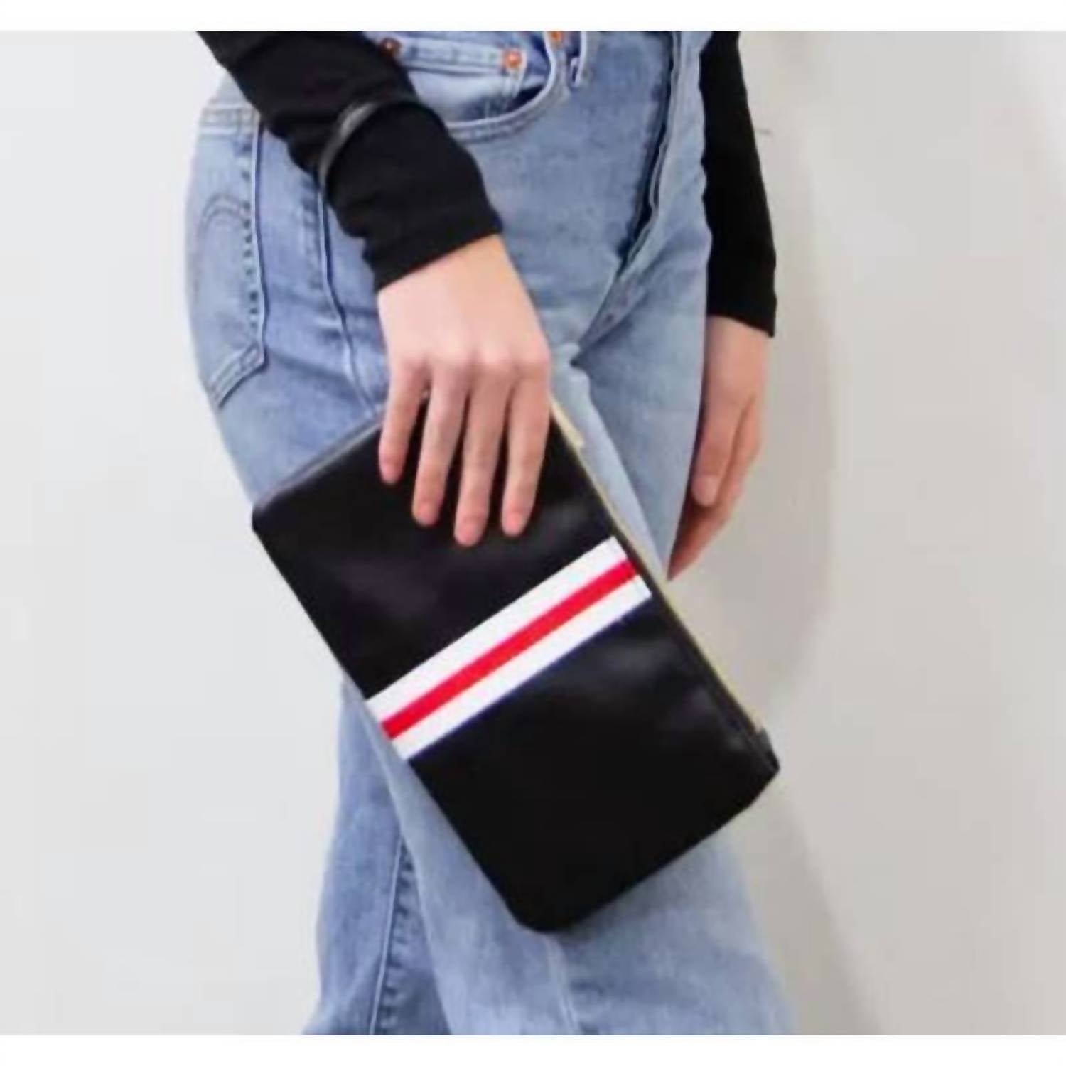FUNKY MONKEY Women's Stripe Faux Leather Clutch Wristlet in black red white - women's bag - detail view