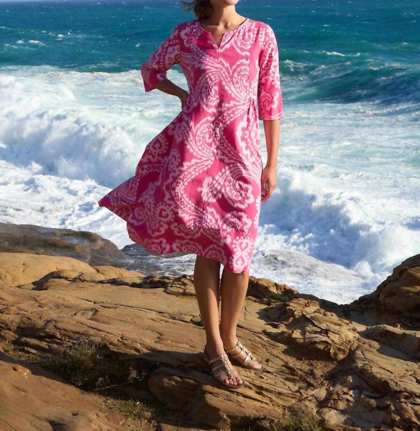 Blueberry - Split Neck Tunic Midi Dress