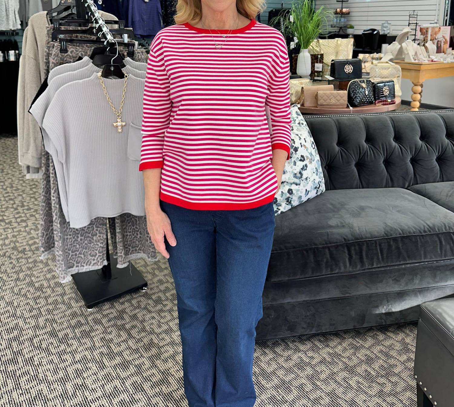 Multiples 3/4 Sleeve Drop Shoulder Wide Neck Sweater in candy pink - women's sweater