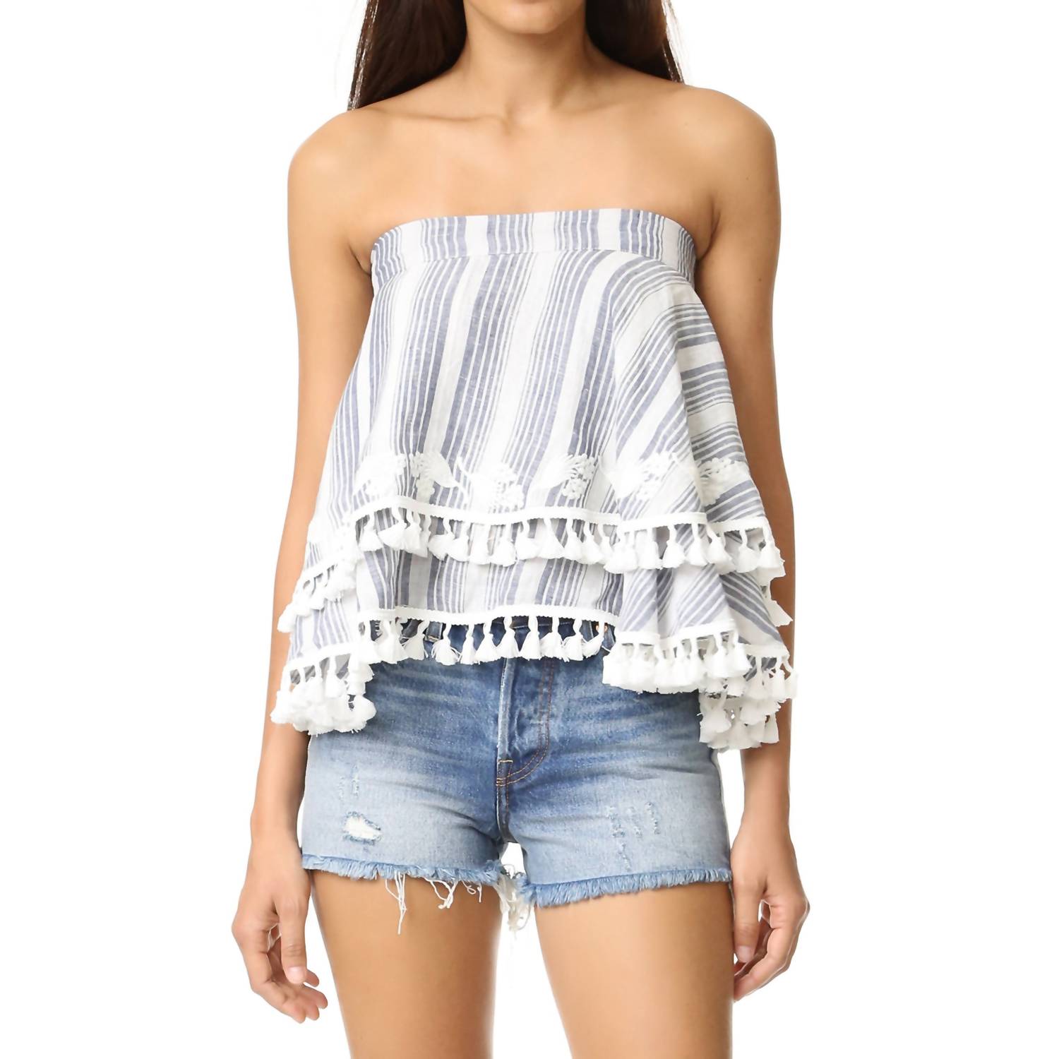Women's Amaris Tassel Trim Embroidered Floral Strapless Top