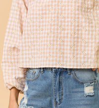 Lalavon - Gingham Eyelet Front Tie Ruffled Collar Top