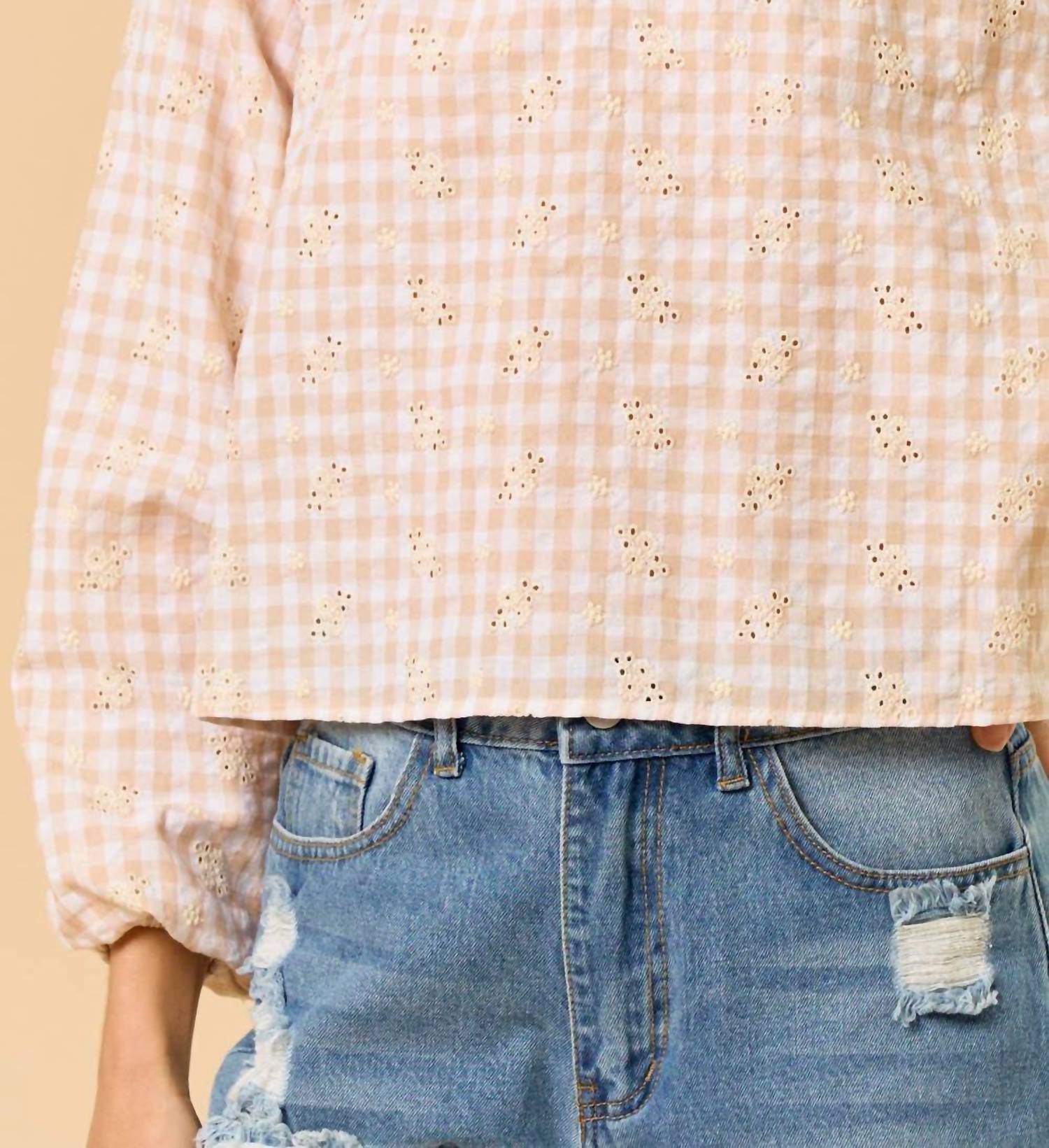 Lalavon - Gingham Eyelet Front Tie Ruffled Collar Top