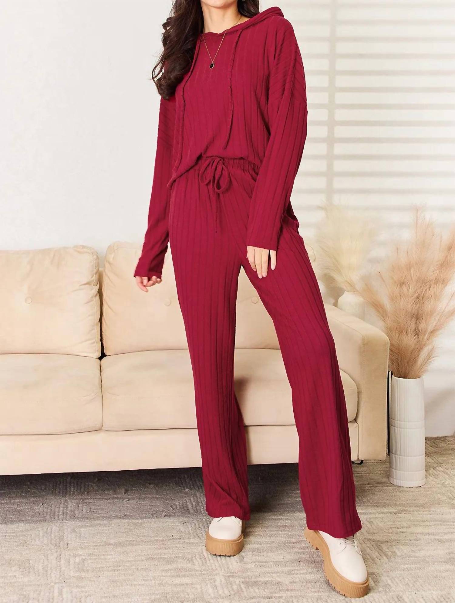 Basic Bae - Full Size Ribbed Drawstring Hooded Top And Straight Pants Set