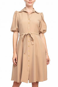Sharagano - Collared Short Sleeve Button Front Closure Dress With Pockets