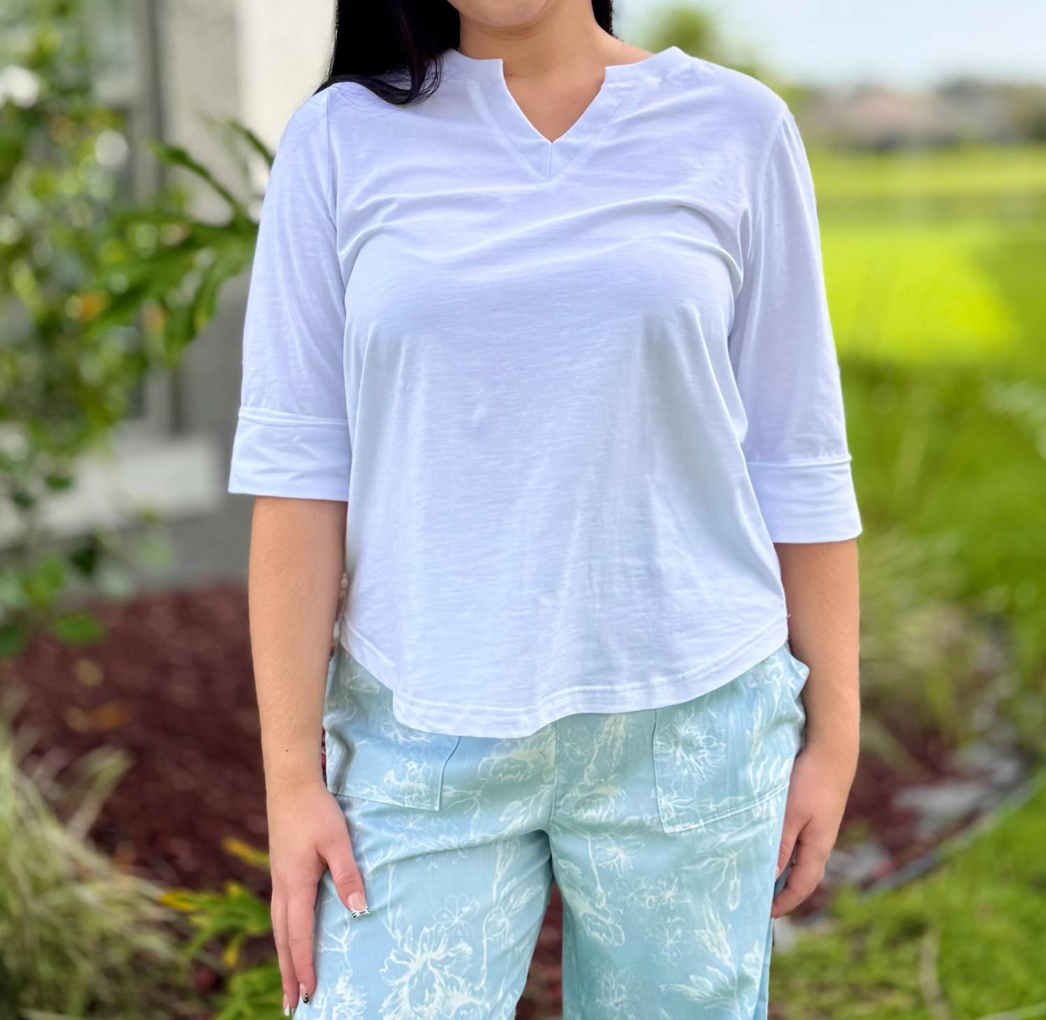 Coco + Carmen - Saylor Notch Neck Elbow Sleeve Top