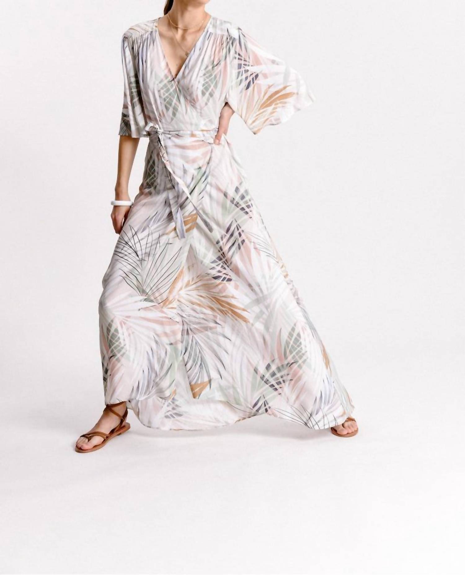 Printed Sunset Palm Wrap Dress