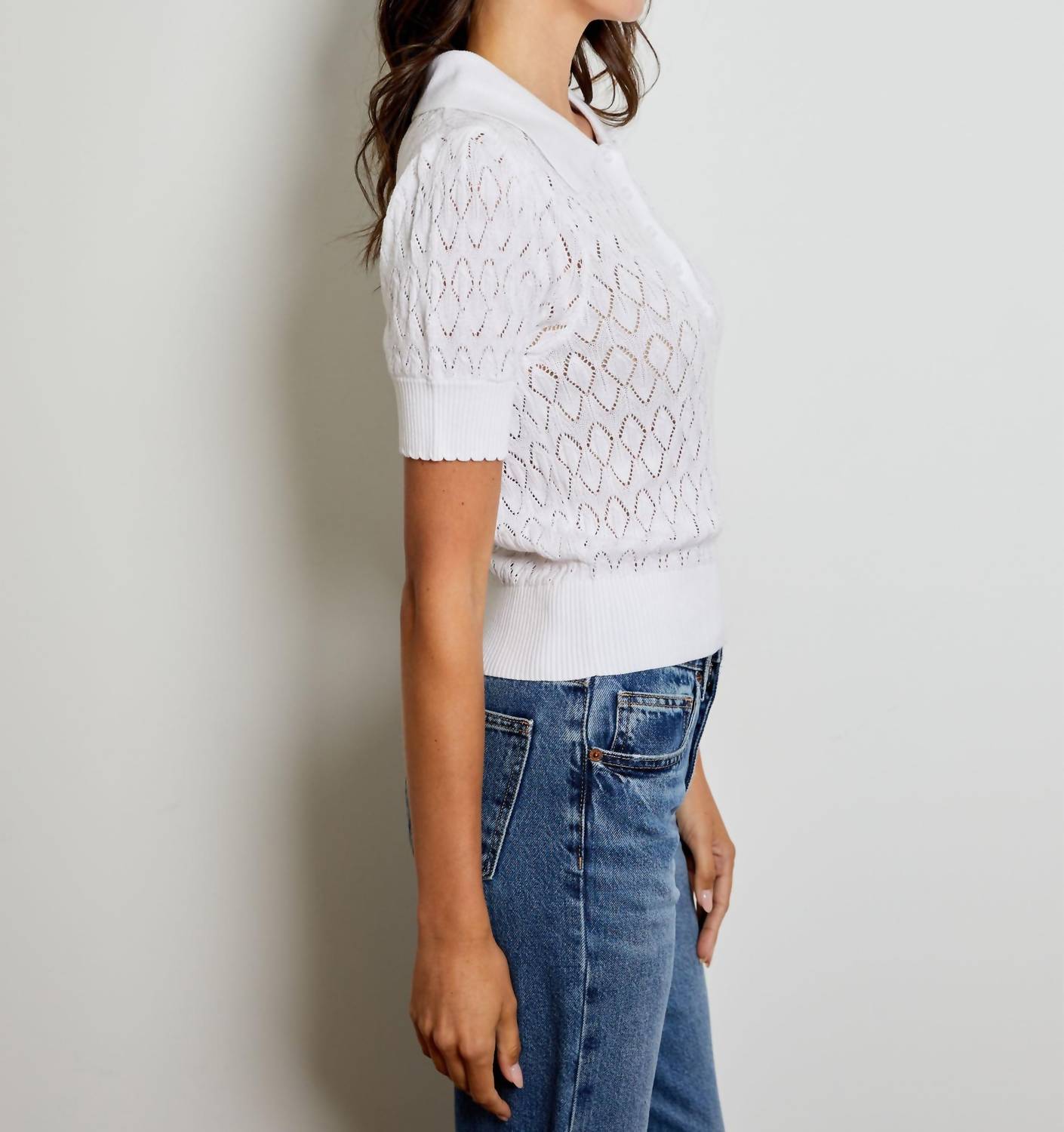 DESIGN HISTORY Short Sleeve Textured Polo in white - women's blouse - detail view