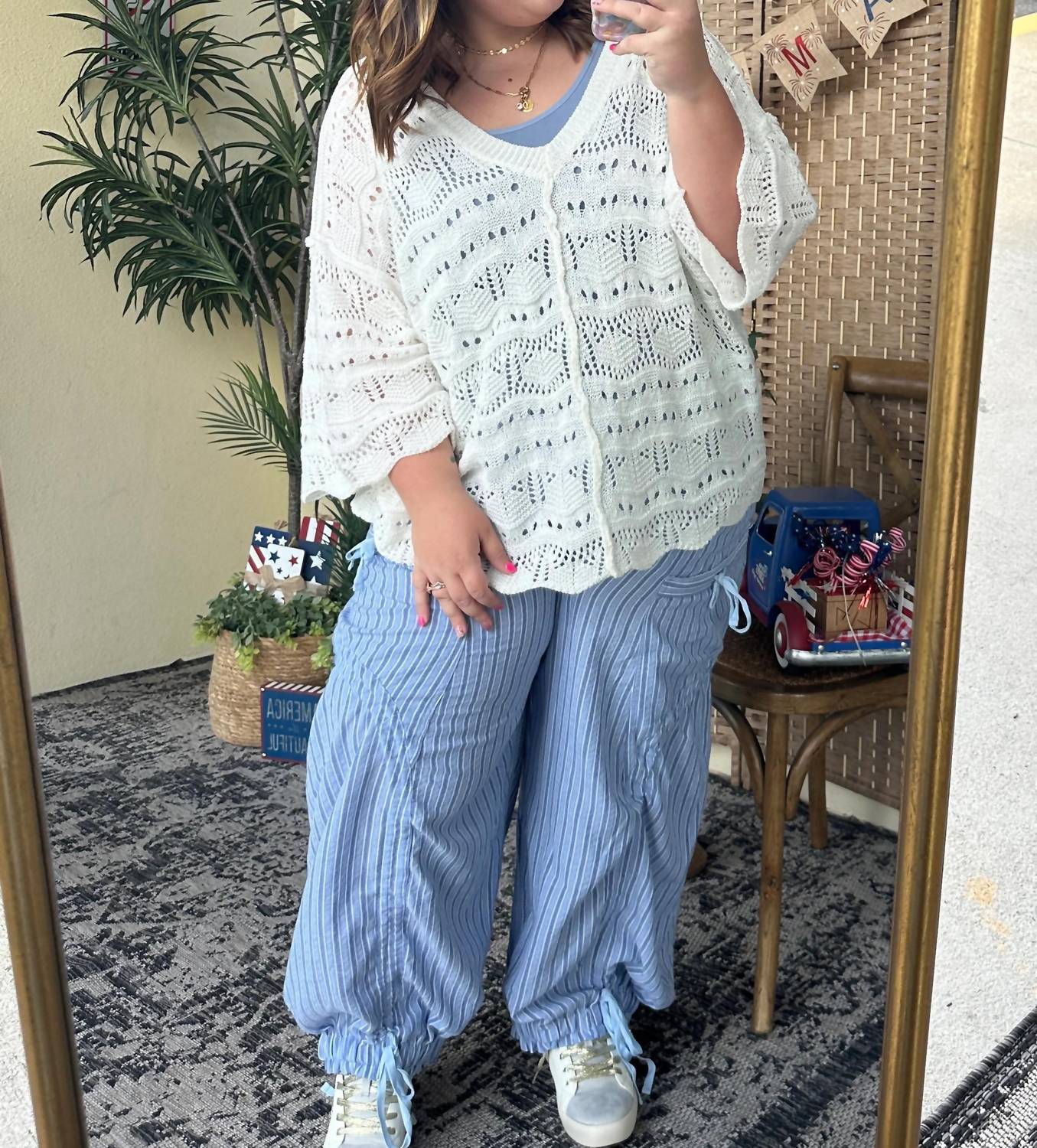 Pol - Crochet Short Sleeve Scalloped Edge Oversized Top