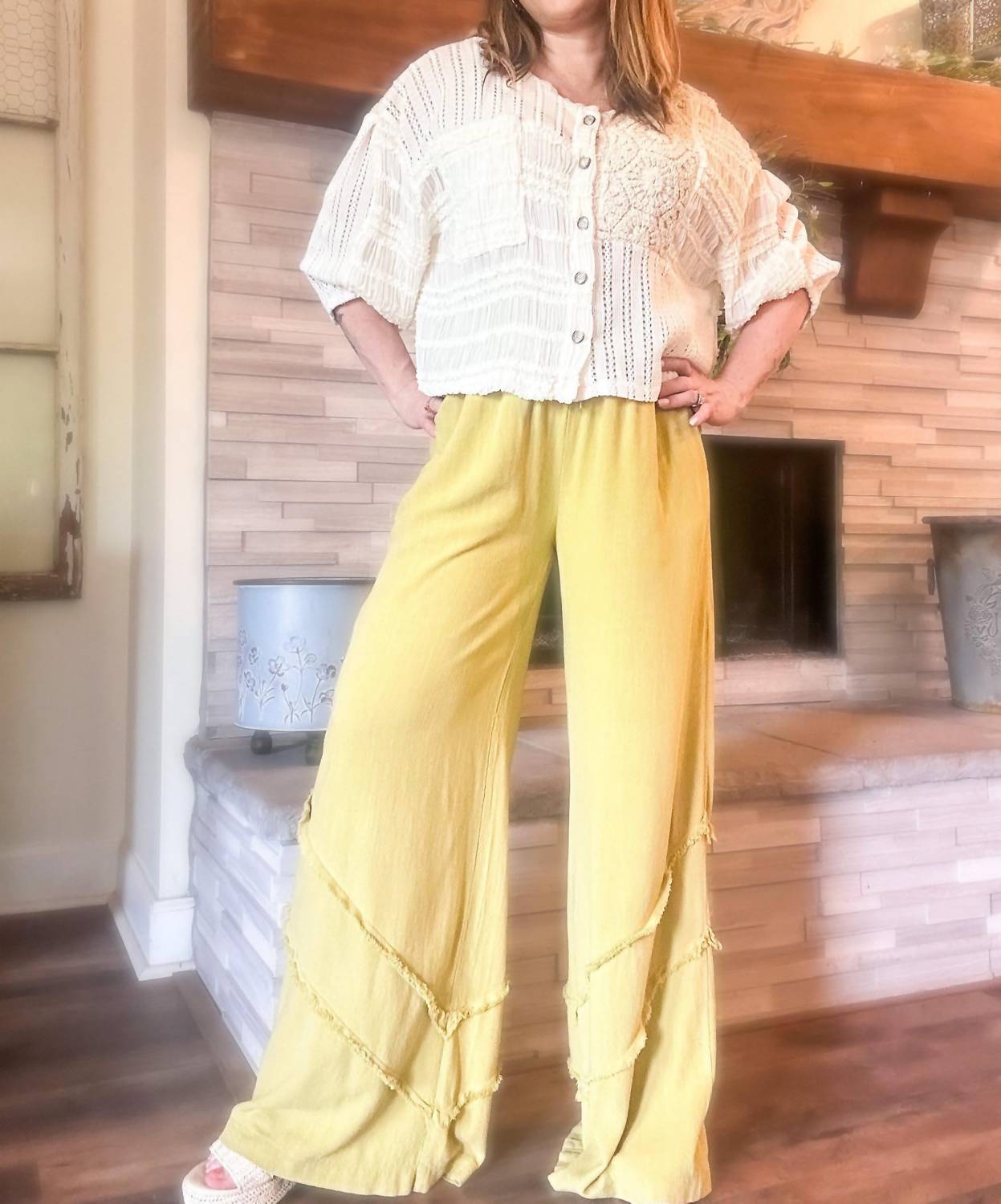 Easel - Crepe Ruffle Trim Palazzo Pants