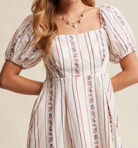 Listicle - Floral Stripe Square Neck Puff Sleeve Dress