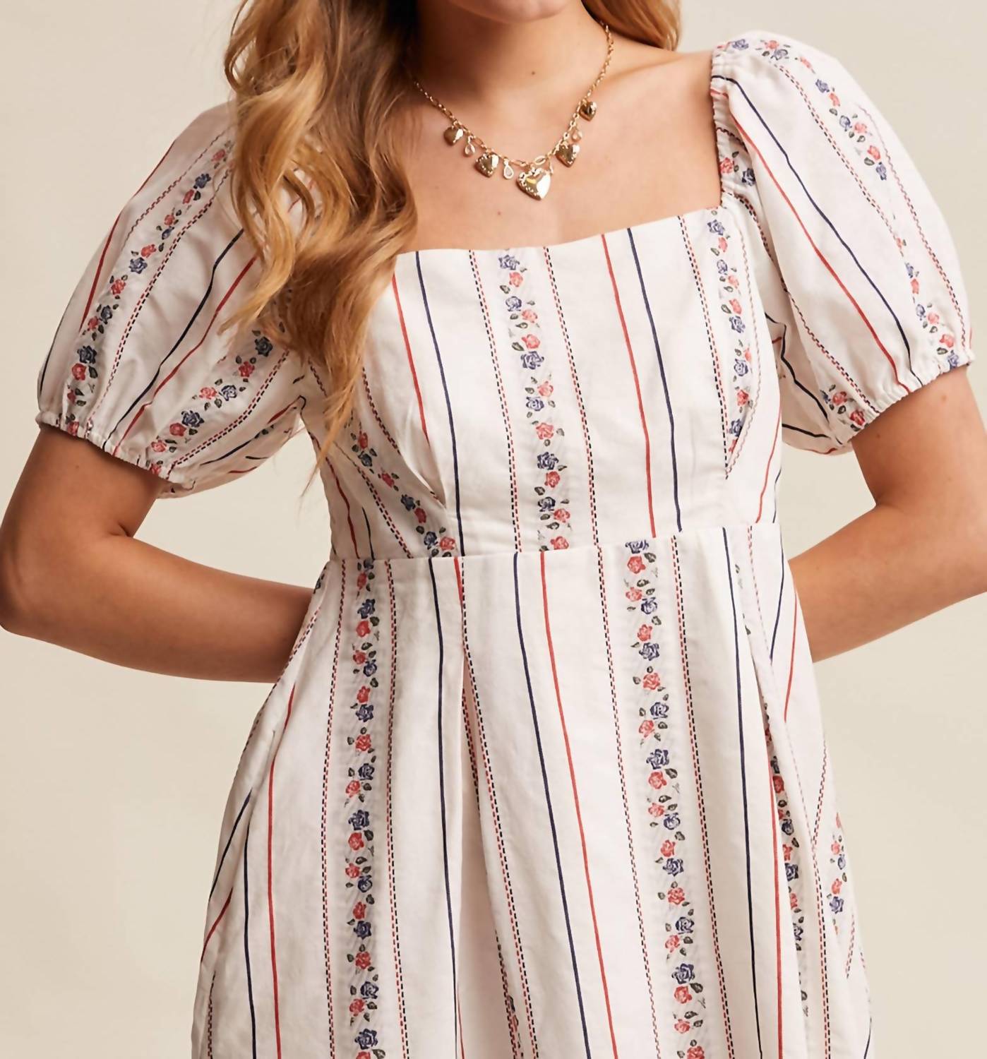 Listicle - Floral Stripe Square Neck Puff Sleeve Dress