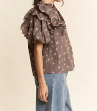 Davi & Dani - Contrast Edge Ruffle Puff Sleeve Blouse Top