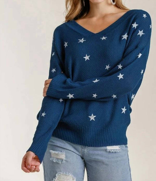 Umgee - Star Print V-neck Sweater