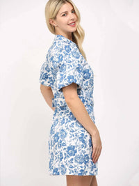 Fate - Puff Sleeve Floral Belted Button-Down Dress