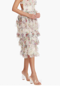 DRESS THE POPULATION Kristen Flutter Sleeve Ruffle Tier Dress in ivory multi - women's dress - alternate view