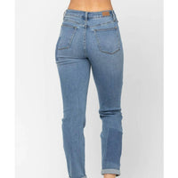 Judy Blue - High Waist Double Rolled Cuff Patch Boyfriend Jeans