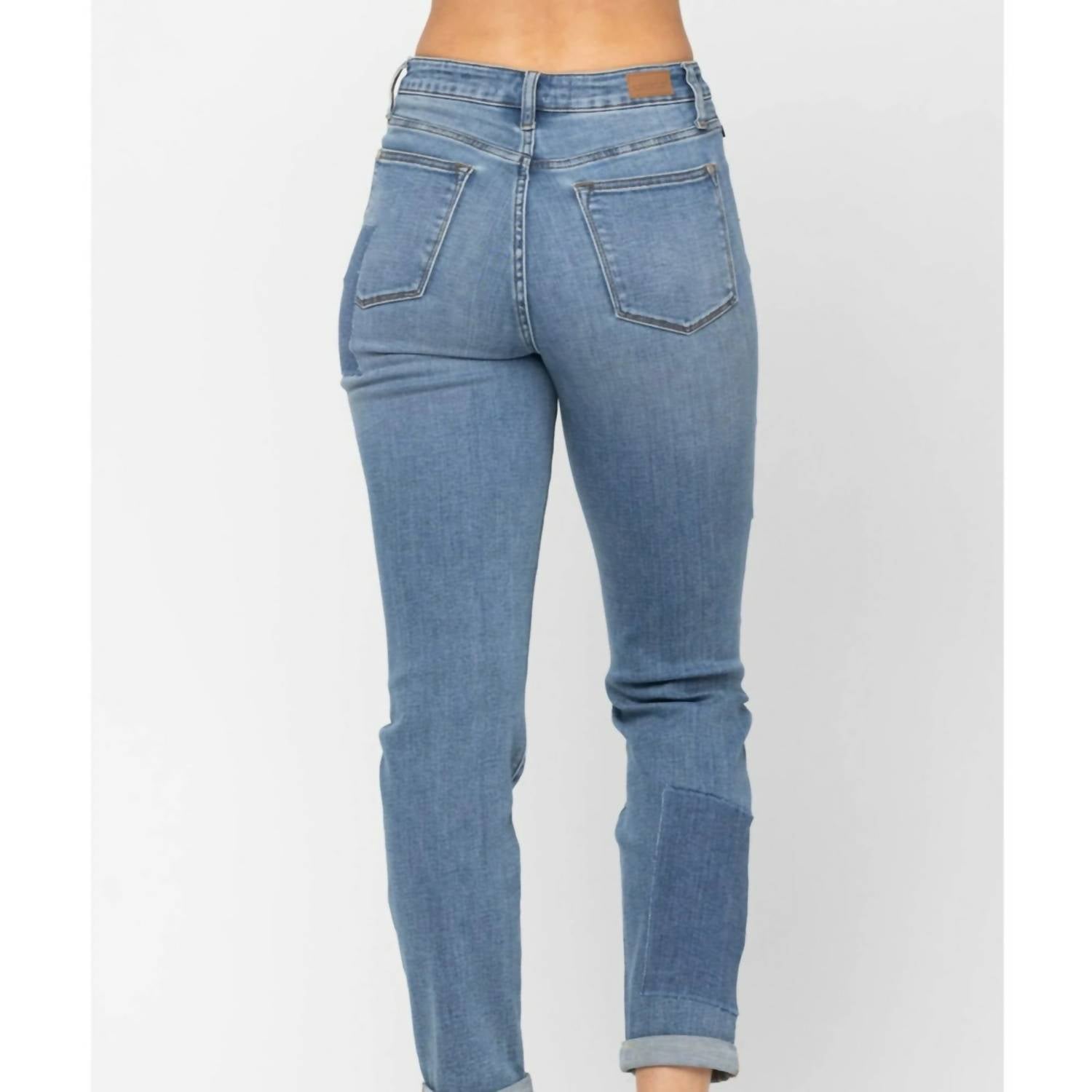 Judy Blue - High Waist Double Rolled Cuff Patch Boyfriend Jeans