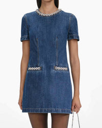 Self-Portrait - Denim Crystal Trim Mini Dress