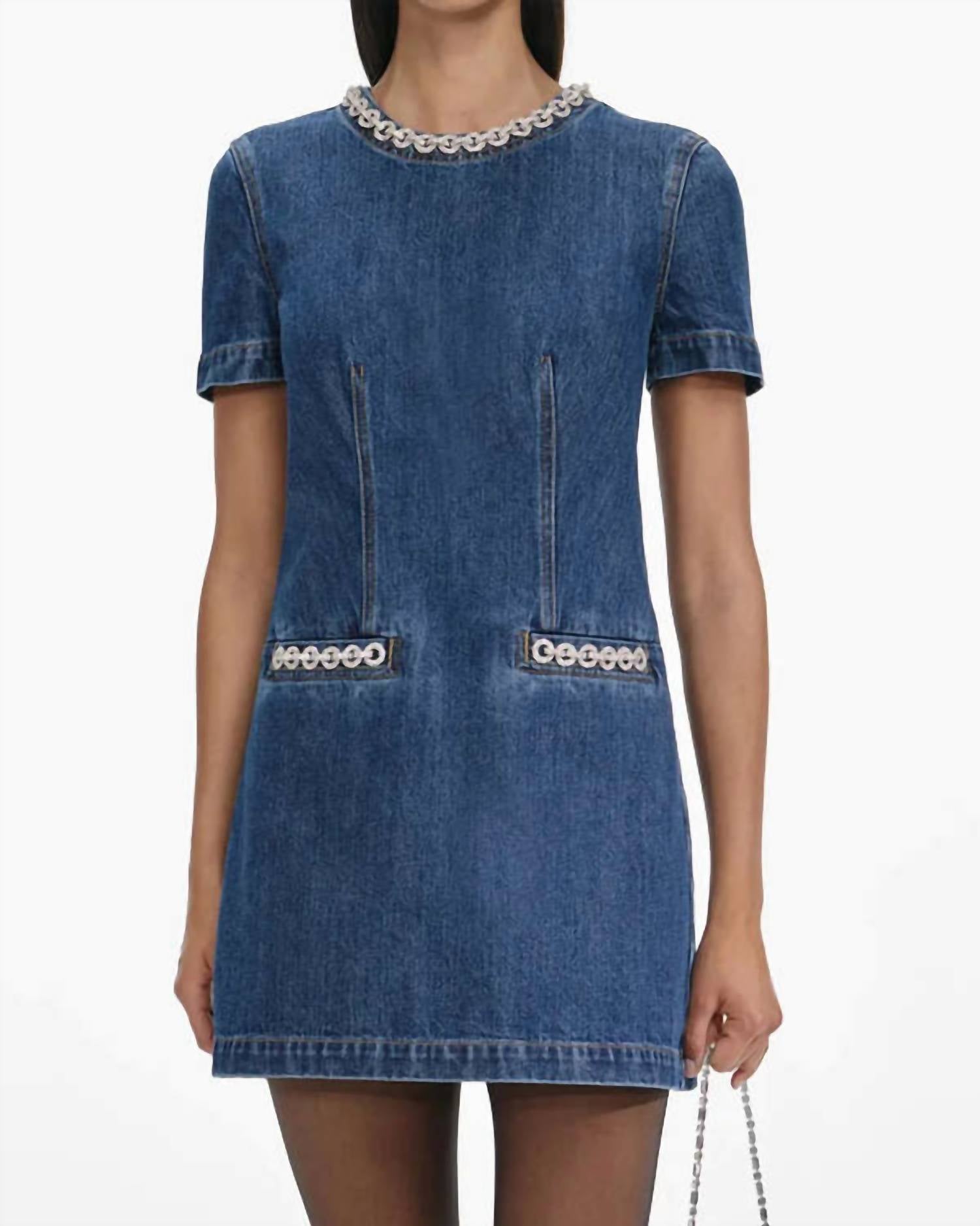 Self-Portrait - Denim Crystal Trim Mini Dress