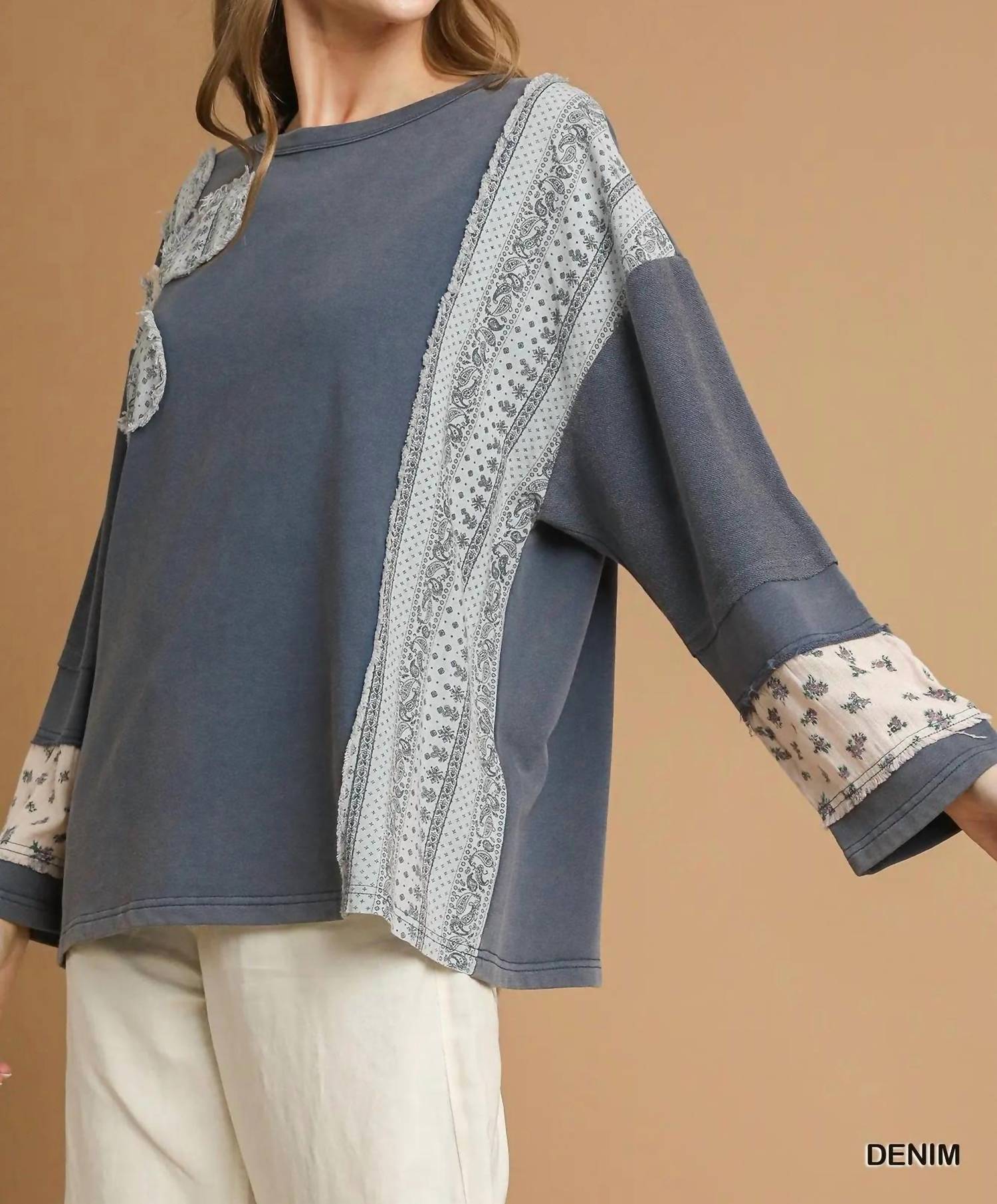 Umgee - French Terry Patchwork Pullover