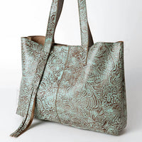 Ls Western - Women's Hand-tooled Leather Fringe Tote Bag With Adjustable Strap