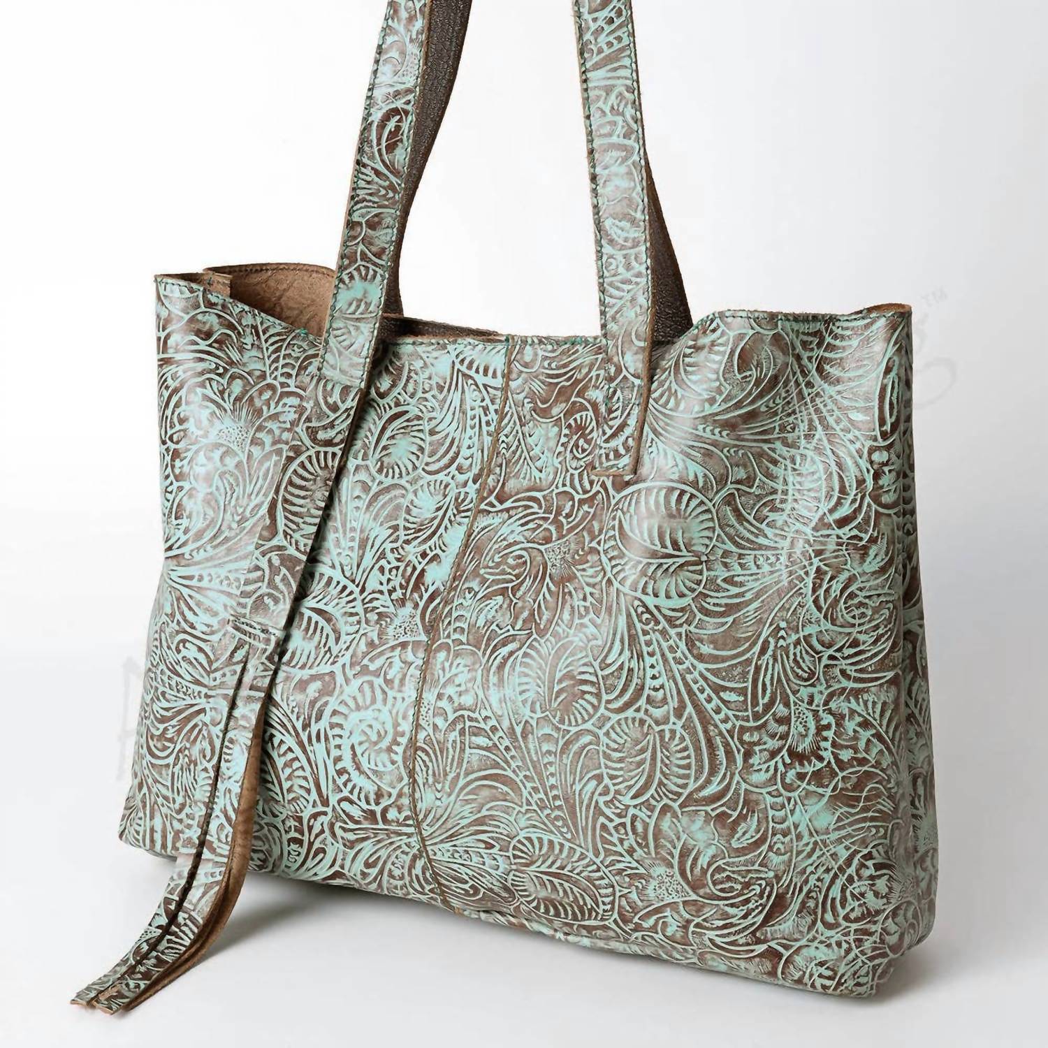 Ls Western - Women's Hand-tooled Leather Fringe Tote Bag With Adjustable Strap
