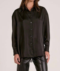 ELAN Delfina Lace Back Satin Button Down in black - women's shirt