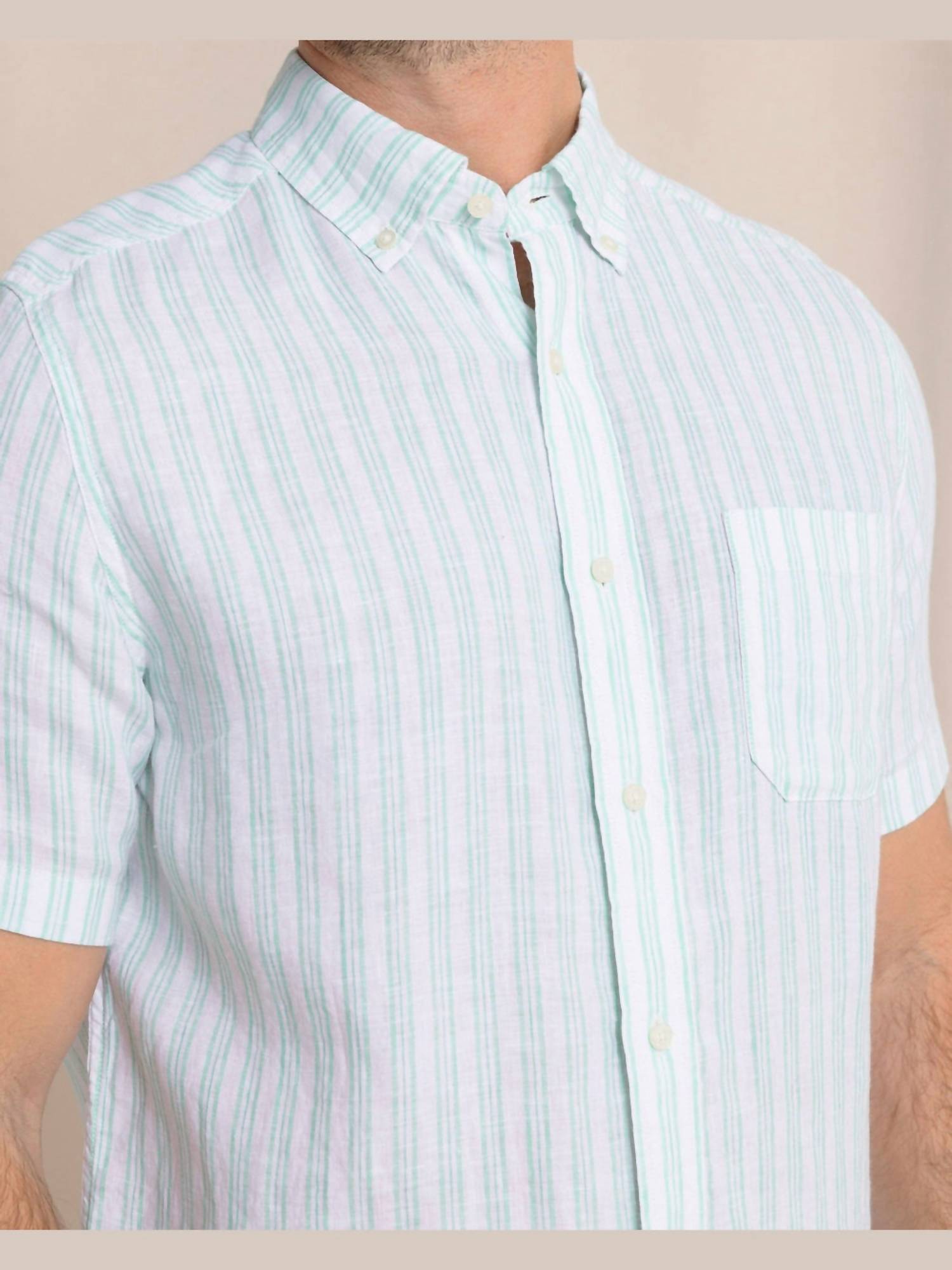 SOUTHERN TIDE Crepe Myrtle Striped Linen Short Sleeve Button Down Shirt in jade green - men's shirt - alternate view