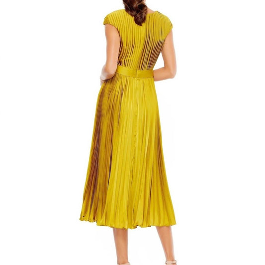 Mac Duggal - Pleated Cap Sleeve Satin Midi Dress
