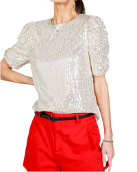 Vine & Love - Round Neck Puff Sleeve Elasticized Sequin Blouse