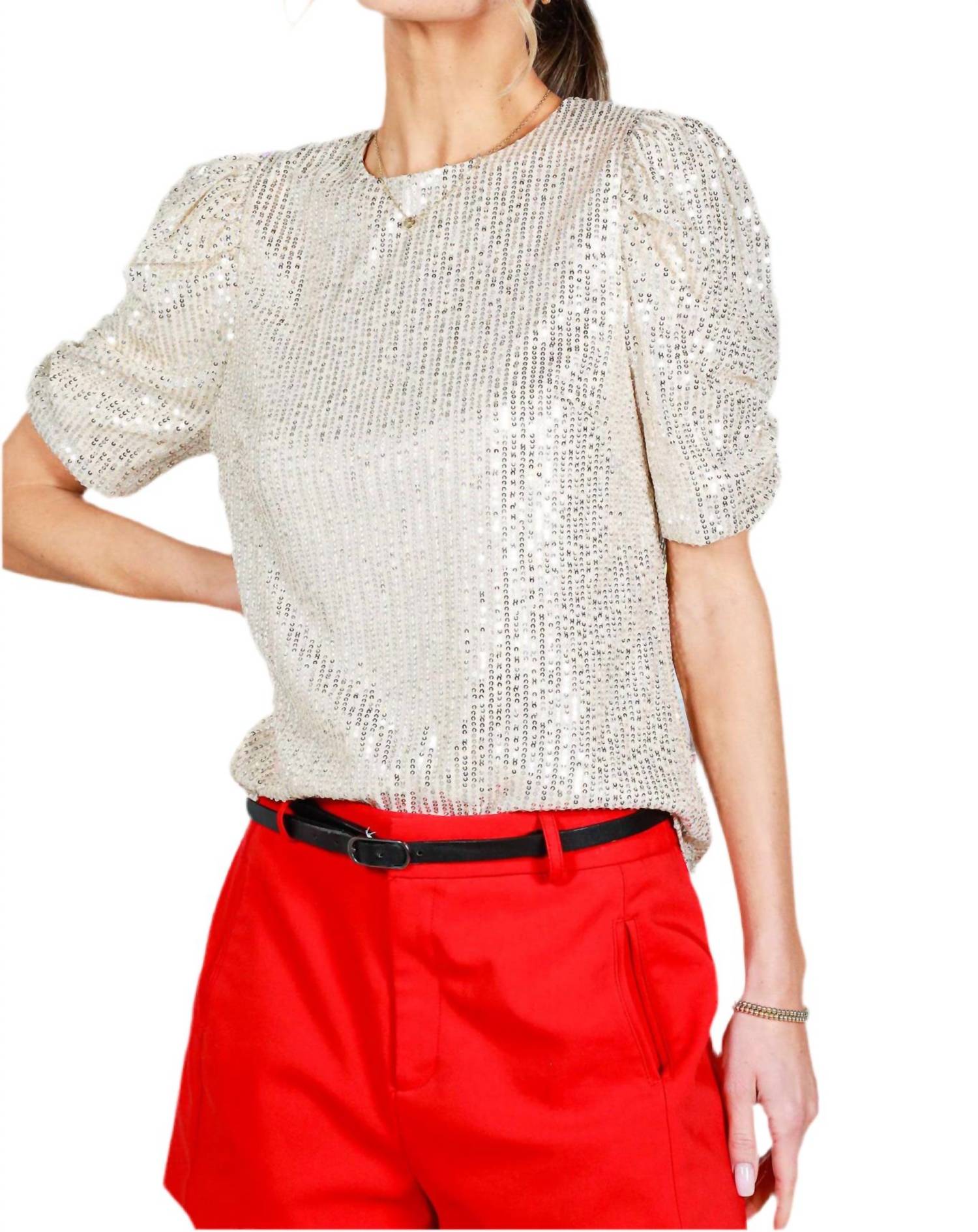 Vine & Love - Round Neck Puff Sleeve Elasticized Sequin Blouse