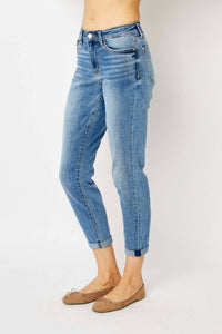 Judy Blue Women's Midrise Cuffed Slim Jean in blue - women's jeans - detail view