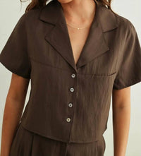 MIOU MUSE Bea Button Front Short Sleeve Top in brown - women's t-shirt