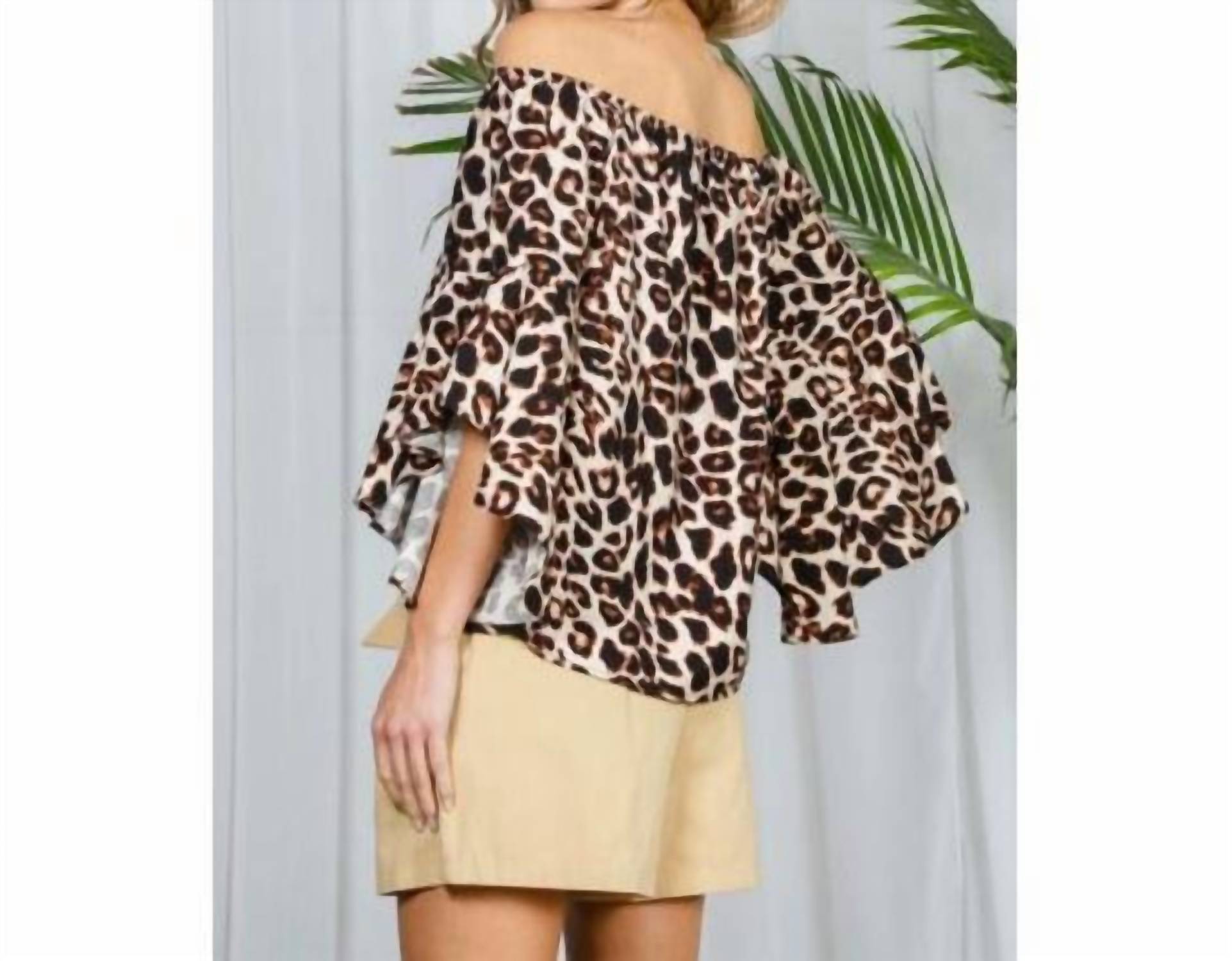 Vine & Love Off-Shoulder Bell Sleeve Top in leopard print - women's blouse - alternate view