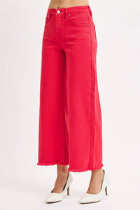 Risen - Tummy Control Red Raw Hem High Waisted Denim