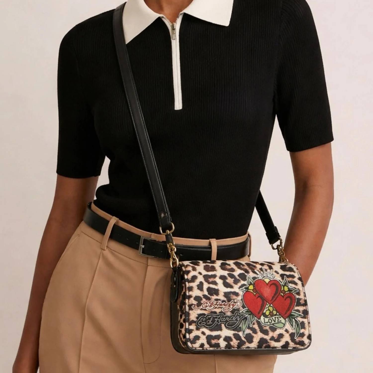 Ed Hardy - Women's Leopard Print Crossbody Bag With Heart Accents