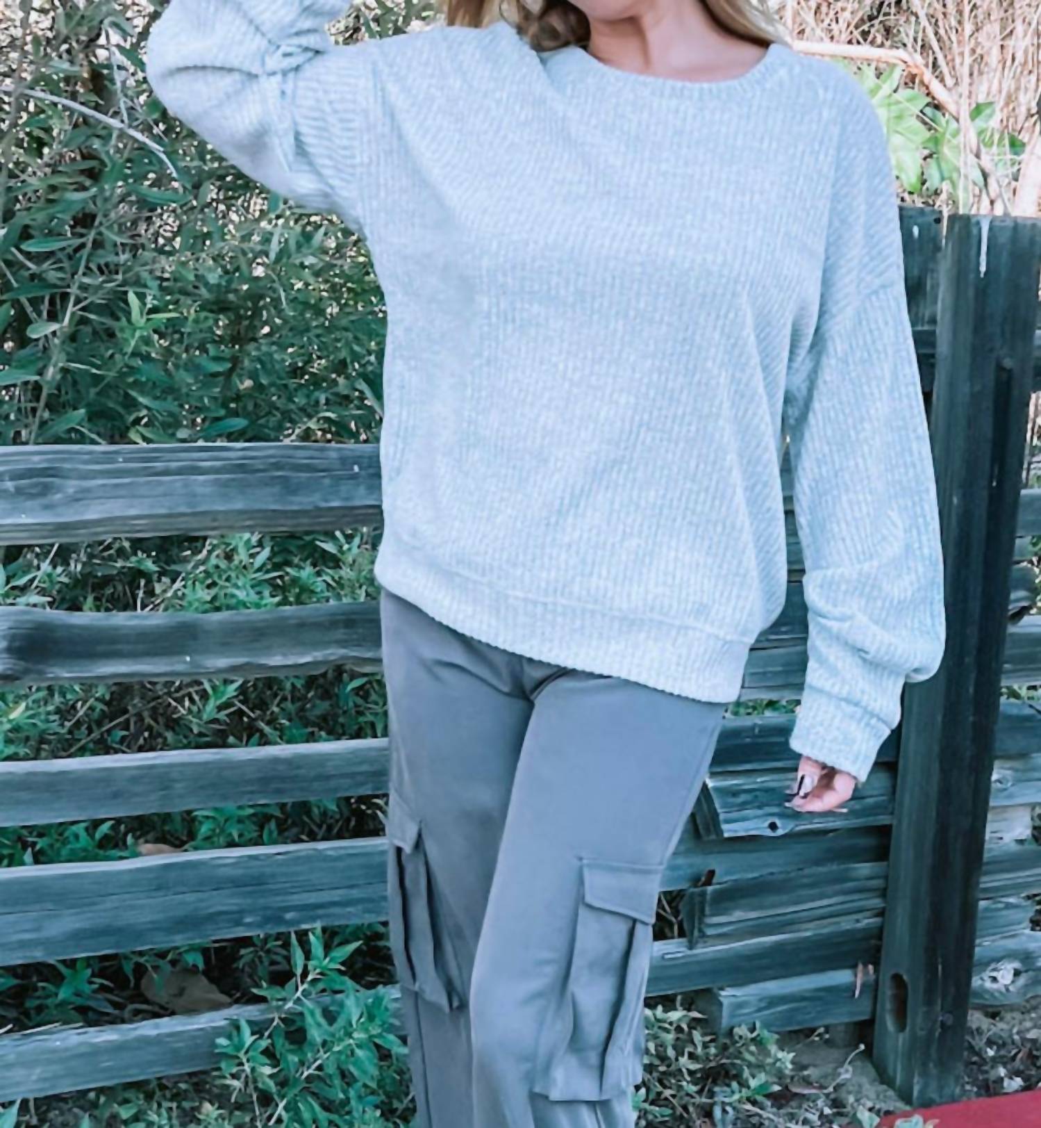 GILLI Ruched Sleeve Ribbed Sweater - Plus in heather grey - women's sweater