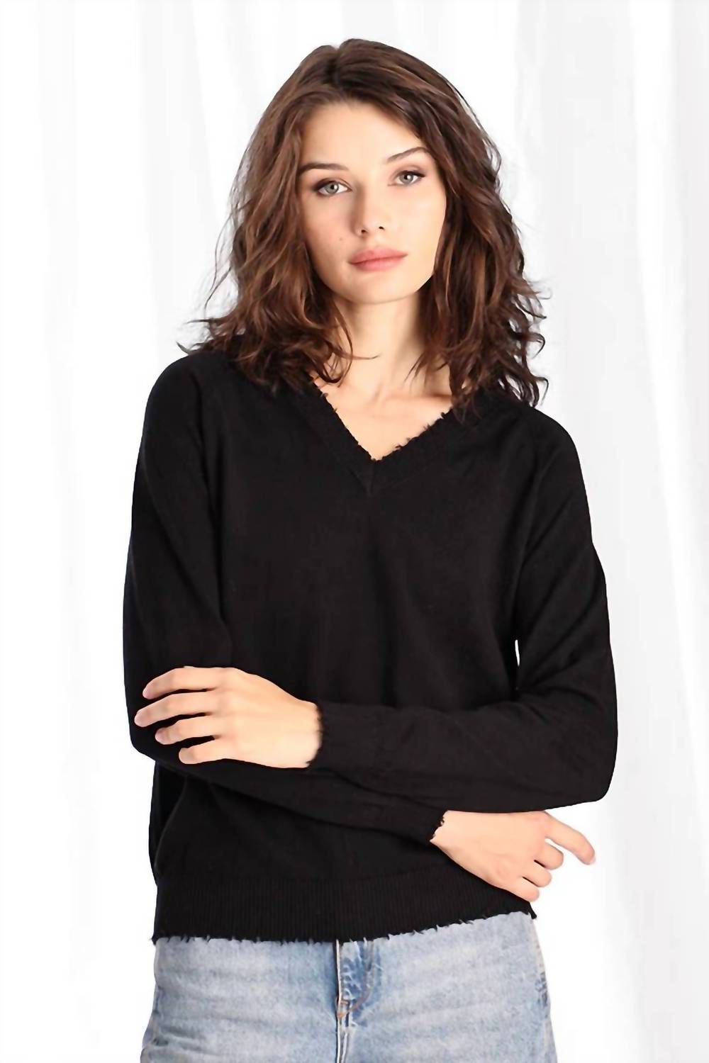 Minnie Rose - Cotton Cashmere Frayed Edge V-neck Sweater Top