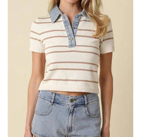 Olivaceous - Leni Striped Contrast Denim Collar Top