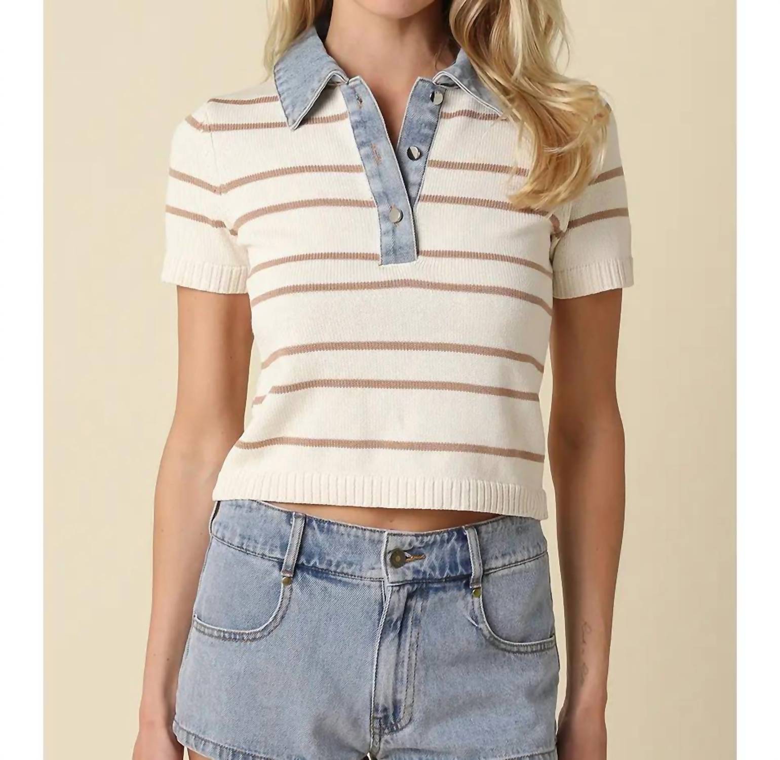 Olivaceous - Leni Striped Contrast Denim Collar Top
