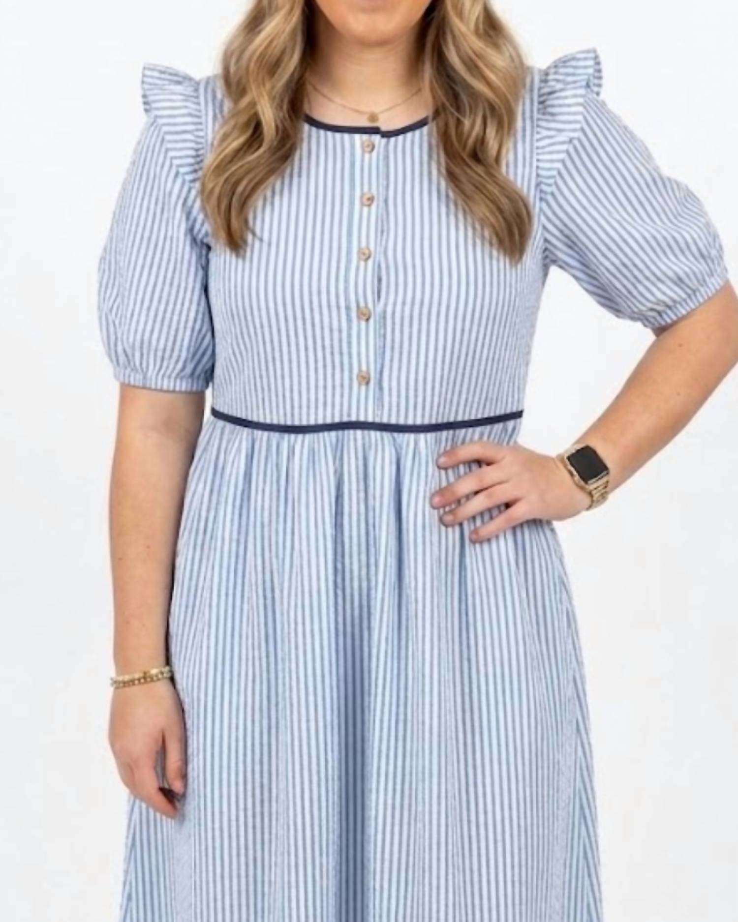 Heyson - Seersucker Stripe Pintucked Bow Back Midi Dress
